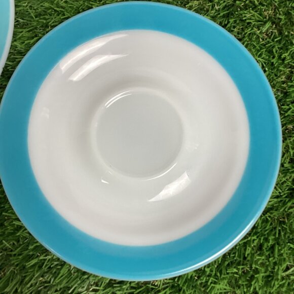 Vintage PYREX Turquoise Aqua Wide Rim Stripe Saucer Plates Set - Picture 3 of 9